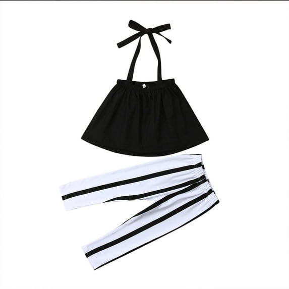 Bagilaanoe 2pcs Toddler Baby Girl Long Pants Set Off Shoulder Crop Tops + Stripe Leggings Trousers 1T 2T 3T 4T 5T 6T Kids Summer Casual Outfits