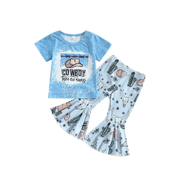 Bagilaanoe 2pcs Toddler Baby Girl Long Pants Set Print Short Sleeve T Shirt Tops + Leopard Flare Trousers 6M 12M 18M 24M 3T 4T Kids Casual Outfits
