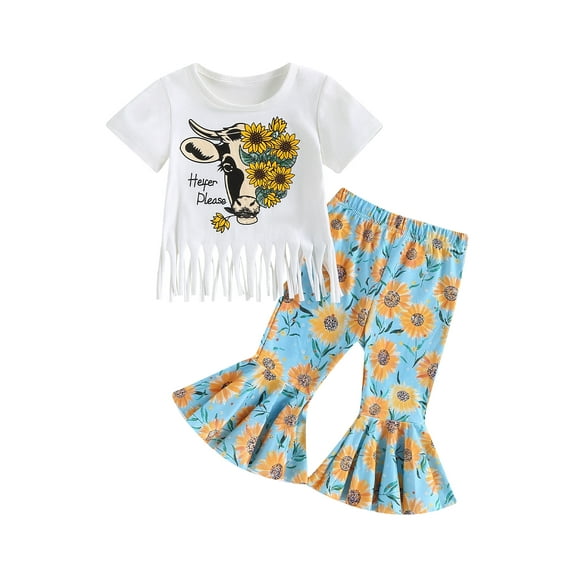 Bagilaanoe 2pcs Toddler Baby Girl Long Pants Set Print Tassels T-Shirts Tops + Floral Flare Trousers 6M 12M 18M 24M 3T 4T Kids Casual Outfits