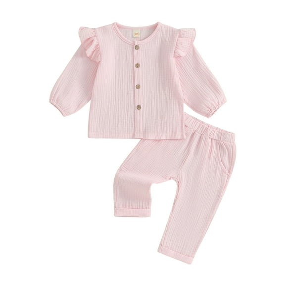 Bagilaanoe 2pcs Toddler Baby Girl Long Pants Set Ruffle Long Sleeve Tops   Trousers 6M 12M 18M 24M 3T Kids Casual Clothes