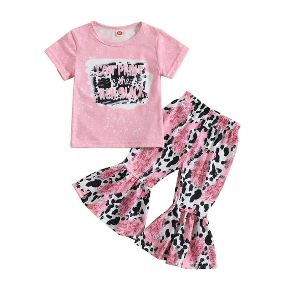 Bagilaanoe 2pcs Toddler Baby Girl Long Pants Set Short Sleeve Letters Print T-shirt Tops + Flare Trousers 6M 12M 18M 24M 3T 4T Kids Casual Outfits