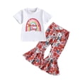 thumbnail image 1 of Bagilaanoe 2pcs Toddler Baby Girl Long Pants Set Short Sleeve Rainbow Print T-Shirts Tops + Floral Flare Trousers 12M 18M 24M 3T 4T 5T Kids Birthday Outfits, 1 of 9