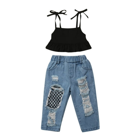 Bagilaanoe 2pcs Toddler Baby Girl Long Pants Set Sleeveless Vest Tops + Jeans Denim Trousers 1T 2T 3T 4T 5T 6T Kids Casual Outfits