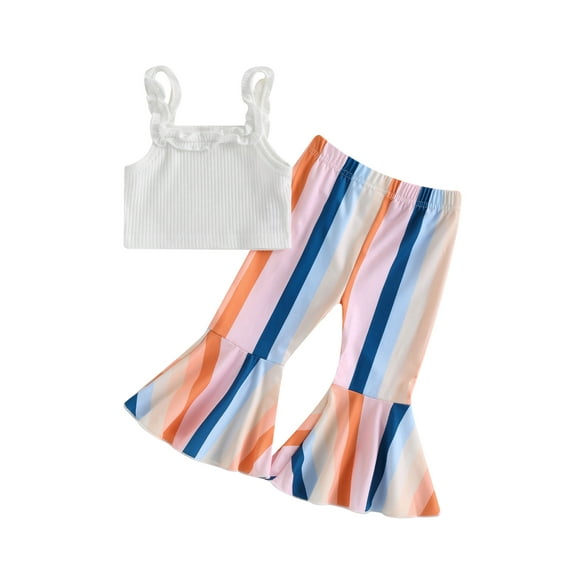 Bagilaanoe 2pcs Toddler Baby Girl Long Pants Set Sleeveless Vest Tops + Striped Flare Trousers 6M 12M 18M 24M 3T 4T Kids Casual Outfits