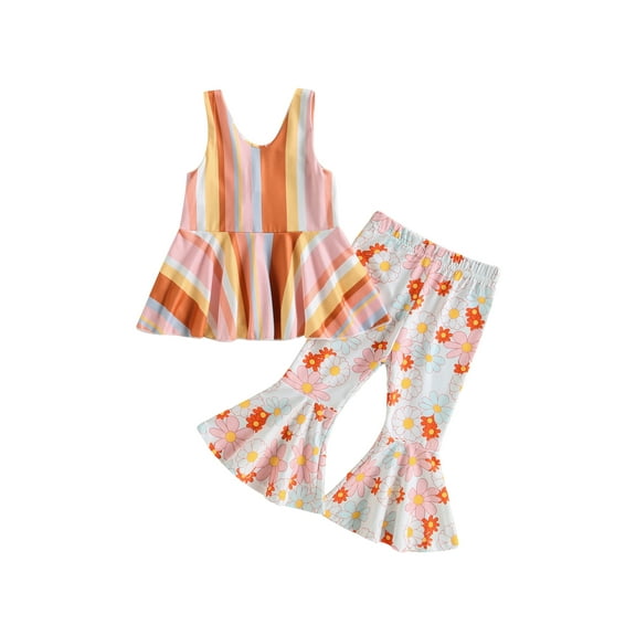 Bagilaanoe 2pcs Toddler Baby Girl Long Pants Set Stripe Print Sleeveless Tank Tops   Floral Flare Trousers 9M 12M 18M 24M 3T 4T 5T Kids Casual Outfits