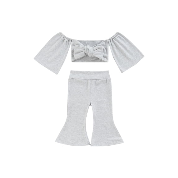 Bagilaanoe 2pcs Toddler Baby Girl Long Pants Set Tie-Up Off-Shoulder Crop Tops + Flare Trousers 6M 12M 18M 24M 3T 4T Kids Casual Outfits