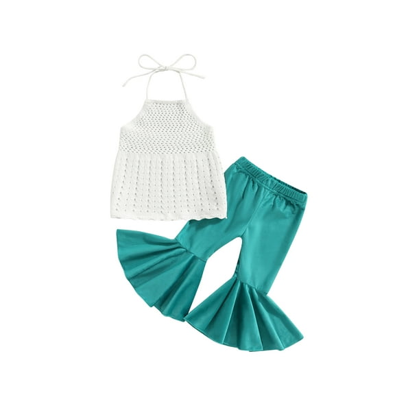 Bagilaanoe 2pcs Toddler Baby Girl Long Pants Set White Sleeveless Crop Tops Flare Trousers 1T 2T 3T 4T 5T 6T Kids Casual Outfits