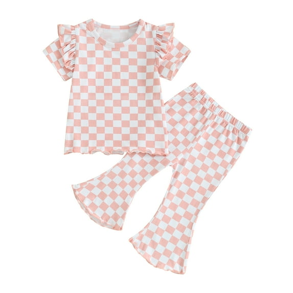 Bagilaanoe 2pcs Toddler Baby Girl Pants Set Checkerboard Short Sleeve T-Shirts Tops + Flare Trousers 12M 18M 24M 3T 4T 5T Kids Summer Casual Clothes