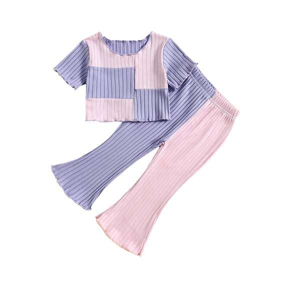 Bagilaanoe 2pcs Toddler Baby Girl Pants Set Contrast Color Short Sleeve T Shirt Tops + Flare Trousers 18M 24M 3T 4T 5T 6T Kids Casual Clothes