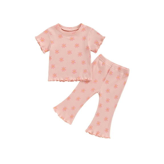 Bagilaanoe 2pcs Toddler Baby Girl Pants Set Daisy Short Sleeve T-Shirt Tops Flare Trousers 12M 18M 24M 3T 4T 5T Kids Casual Clothes