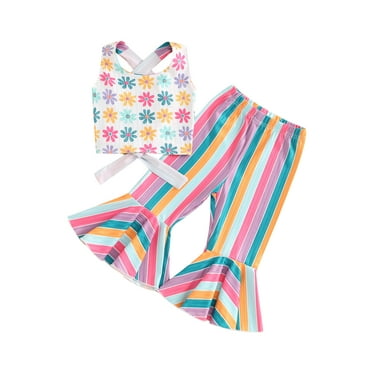 Bagilaanoe 2pcs Toddler Baby Girl Pants Set Flower Sleeveless Tank Tops   Striped Flare Trousers 12M 18M 24M 3T 4T 5T Kids Casual Clothes