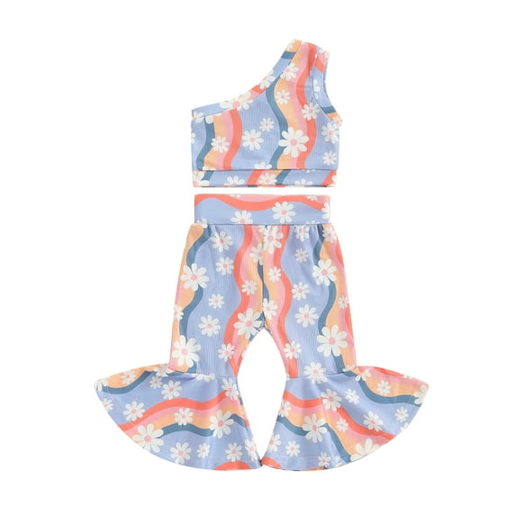Bagilaanoe 2pcs Toddler Baby Girl Pants Set One Shoulder Flower Print Tank Tops + Flare Trousers 6M 12M 18M 24M 3T 4T Kids Casual Clothes