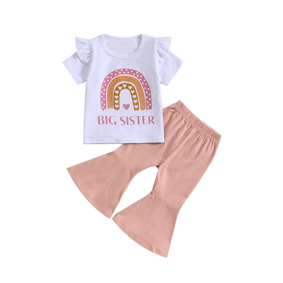 Bagilaanoe 2pcs Toddler Baby Girl Pants Set Rainbow Short Sleeve T-Shirt Tops + Flare Trousers 12M 18M 24M 3T 4T 5T Kids Casual Clothes