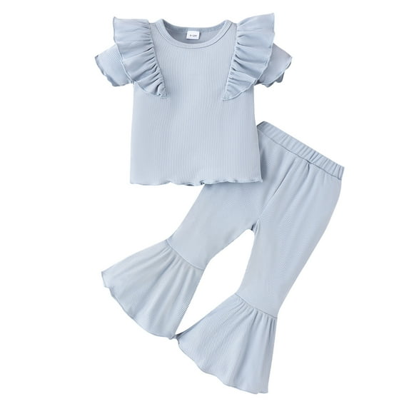 Bagilaanoe 2pcs Toddler Baby Girl Pants Set Short Sleeve Ruffle Tops + Flare Trousers 6M 12M 18M 24M 3T 4T Kids Casual Clothes