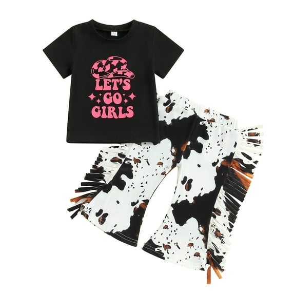 Bagilaanoe 2pcs Toddler Baby Girl Pants Set Short Sleeve T-Shirt Tops + Tassel Flare Trousers 6M 12M 18M 24M 3T 4T Kids Casual Clothes