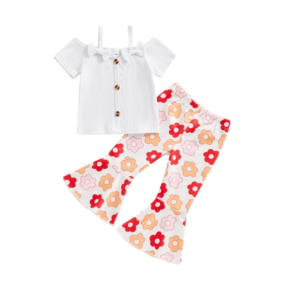 Bagilaanoe 2pcs Toddler Baby Girl Pants Set Short Sleeve T-Shirts Tops + Flower Flare Trousers 12M 18M 24M 3T 4T 5T Kids Summer Casual Clothes