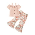 thumbnail image 1 of Bagilaanoe 2pcs Toddler Baby Girl Pants Set Short Sleeve T-Shirts Tops + Flower Flare Trousers 12M 18M 24M 3T 4T 5T Kids Summer Casual Clothes, 1 of 7