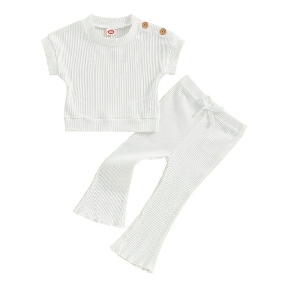 Bagilaanoe 2pcs Toddler Baby Girl Pants Set Short Sleeve T-shirt Tops Flare Trousers 6M 12M 18M 24M 3T 4T Kids Casual Clothes