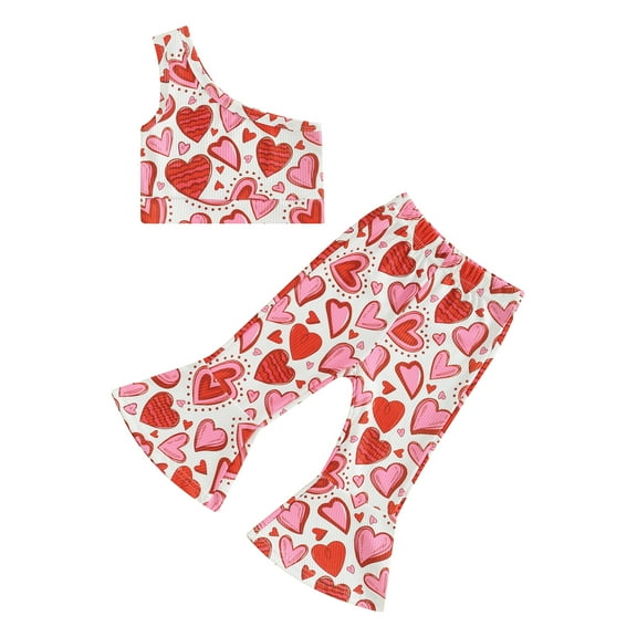 Bagilaanoe 2pcs Toddler Baby Girl Pants Set Sleeveless One Shoulder Crop Tops   Heart Flare Trousers 6M 12M 18M 24M 3T 4T Kids Casual Clothes