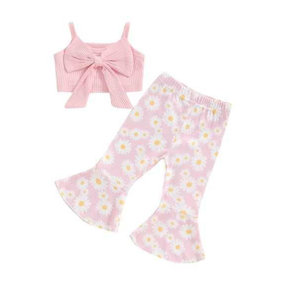 Bagilaanoe 2pcs Toddler Baby Girl Pants Set Sleeveless Ribbed Crop Tops   Daisy Flare Trousers 6M 12M 18M 24M 3T Kids Summer Casual Clothes