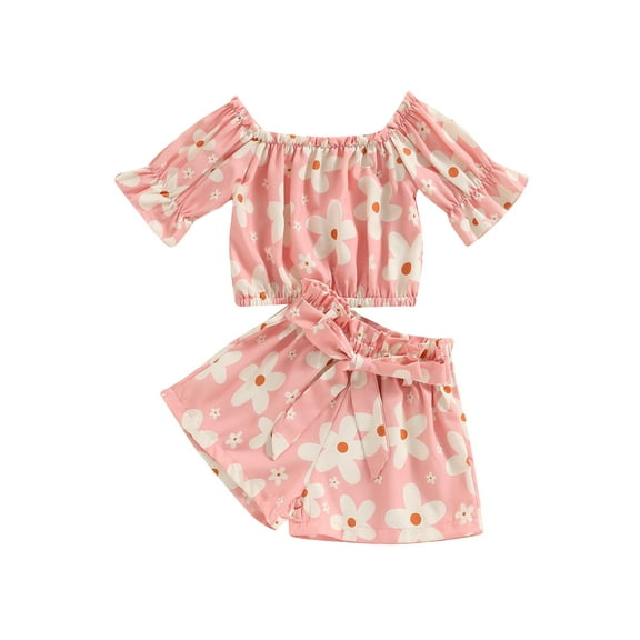 Bagilaanoe 2pcs Toddler Baby Girl Short Pants Set Floral Print Short Sleeve Off Shoulder Tops   Shorts with Belt 12M 18M 24M 3T 4T 5T Kids Casual Summer Outfits