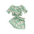 thumbnail image 1 of Bagilaanoe 2pcs Toddler Baby Girl Short Pants Set Floral Print Short Sleeve Off Shoulder Tops + Shorts with Belt 12M 18M 24M 3T 4T 5T Kids Casual Summer Outfits, 1 of 9