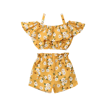 Bagilaanoe 2pcs Toddler Baby Girl Short Pants Set Flower Print Off Shoulder Ruffled Crop Tops + Shorts 1T 2T 3T 4T 5T 6T Kids Casual Summer Outfits
