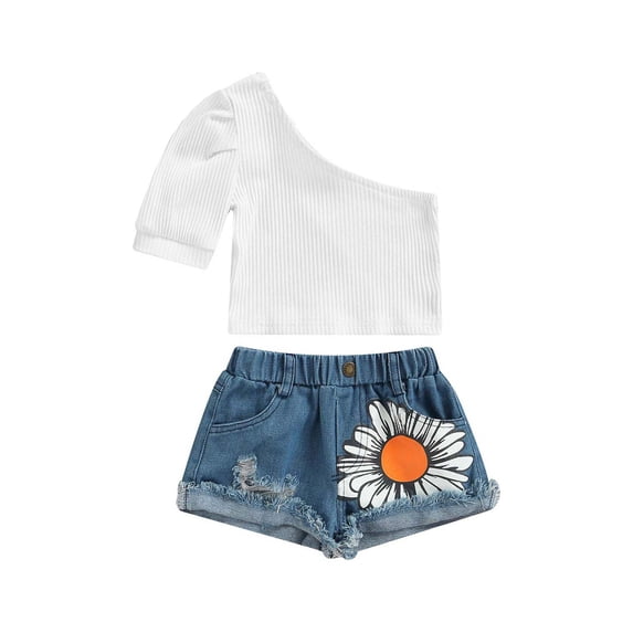Bagilaanoe 2pcs Toddler Baby Girl Short Pants Set SOne Shoulder Short Sleeve Tank Tops + Denim Shorts 1T 2T 3T 4T 5T 6T Kids Casual Summer Outfits