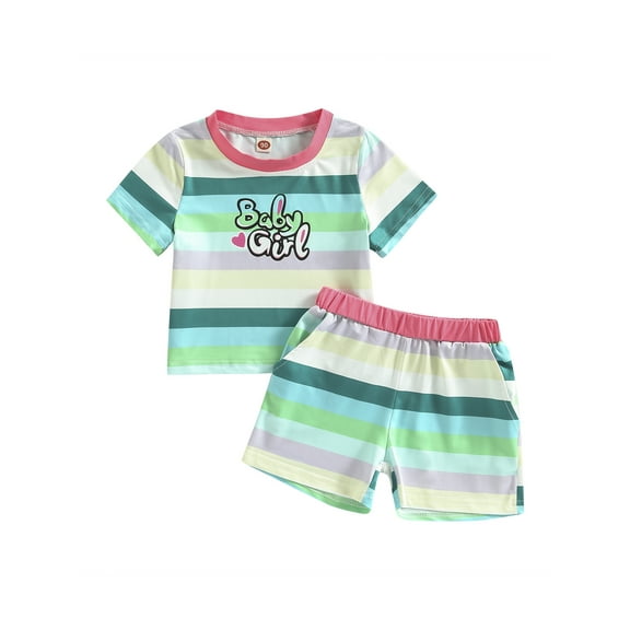 Bagilaanoe 2pcs Toddler Baby Girl Short Pants Set Striped Print Short Sleeve T-Shirts Tops   Shorts 1T 2T 3T 4T 5T 6T Kids Casual Summer Outfits