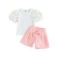 thumbnail image 1 of Bagilaanoe 2pcs Toddler Baby Girl Shorts Set Mesh Short Puff  Sleeve T Shirt Tops + Shorts 1T 2T 3T 4T 5T 6T Kids Casual Summer Clothes, 1 of 9