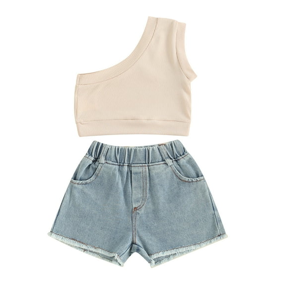 Bagilaanoe 2pcs Toddler Baby Girl Shorts Set Ribbed Sleeveless One Shoulder Tank Tops   Denim Shorts 12M 18M 24M 3T 4T 5T Kids Casual Summer Clothes