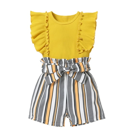 Bagilaanoe 2pcs Toddler Baby Girl Shorts Set Ruffled Sleeveless Ribbed Tops   Stripe Shorts with Belt 12M 18M 24M 3T 4T 5T Kids Casual Summer Clothes