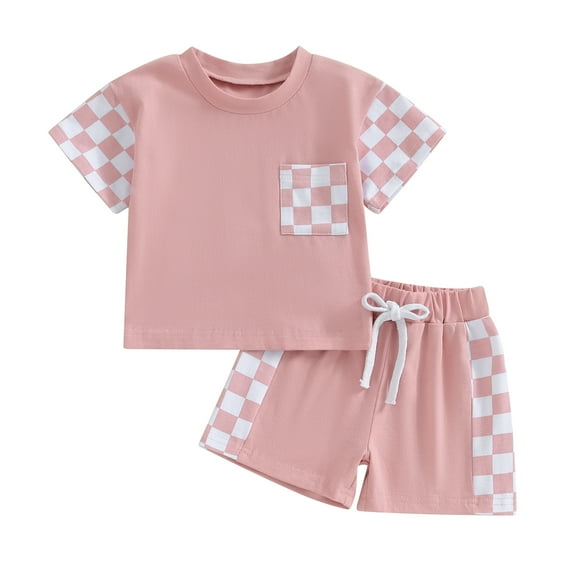 Bagilaanoe Baby Girls Summer Outfit Shorts Sets Short Sleeve T-Shirts Shorts Toddler Kids Checkerboard Patchwork Clothes 0-3T