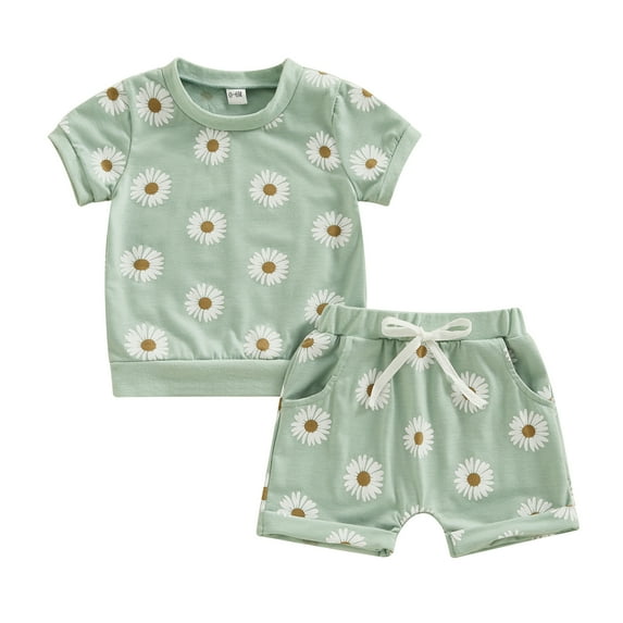 Bagilaanoe 2pcs Toddler Baby Girl Shorts Set Short Sleeve Daisy Print T Shirt Tops + Shorts 6M 12M 18M 24M 3T Kids Casual Summer Clothes