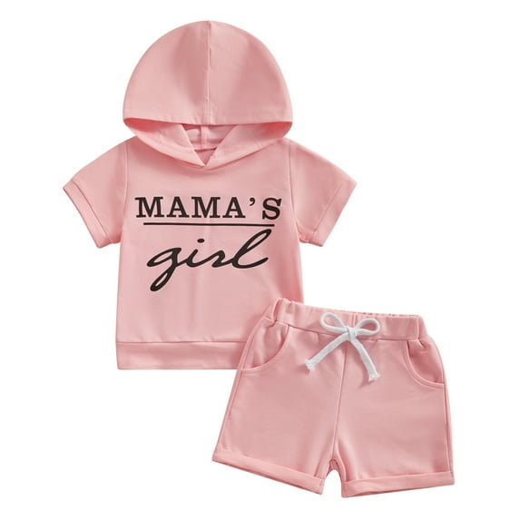 Bagilaanoe 2pcs Toddler Baby Girl Shorts Set Short Sleeve Letter Print Hooded T Shirt Tops + Shorts 3M 6M 12M 18M 24M 3T Kids Casual Summer Clothes