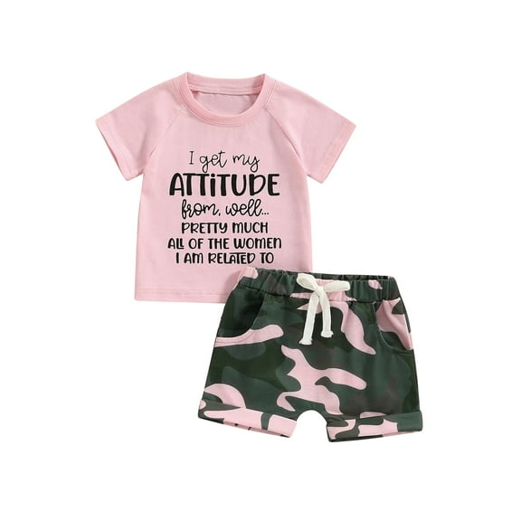 Bagilaanoe 2pcs Toddler Baby Girl Shorts Set Short Sleeve Letter Print T Shirt Tops + Camouflage Shorts 6M 12M 18M 24M 3T 4T 5T Kids Casual Summer Clothes
