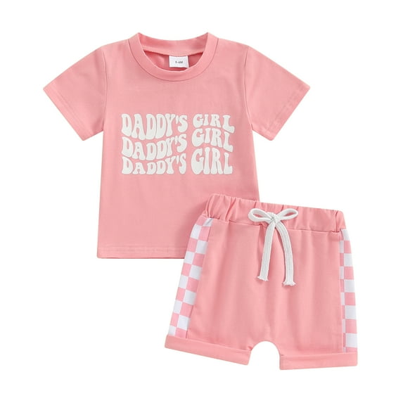 Bagilaanoe 2pcs Toddler Baby Girl Shorts Set Short Sleeve Letter Print T Shirt Tops + Checkerboard Shorts 6M 12M 18M 24M 3T Kids Casual Summer Clothes