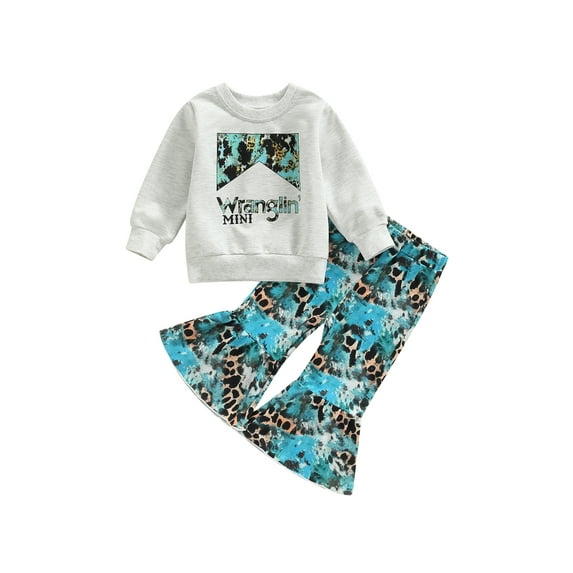 Bagilaanoe 2pcs Toddler Baby Girls Long Pants Set Letters Print Long Sleeve Sweatshirt Tops + Flare Trousers 12M 18M 24M 3T 4T 5T Kids Casual Outfits