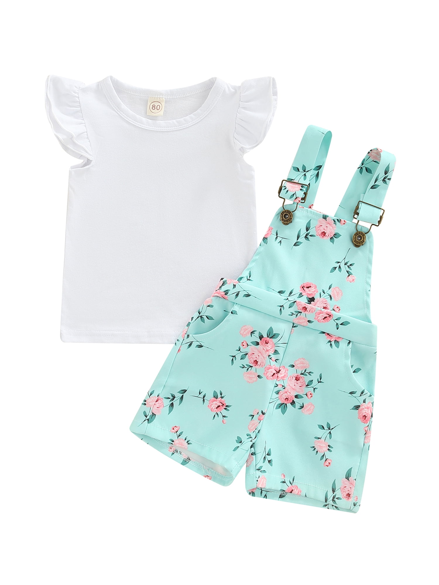 Bagilaanoe 2pcs Toddler Baby Girls Short Overalls Set Fly Sleeve T Shirt Tops + Floral Patterns Suspender Shorts 1T 2T 3T 4T 5T Kids Casual Summer Outfits
