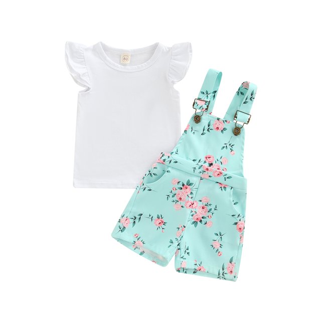 Bagilaanoe 2pcs Toddler Baby Girls Short Overalls Set Fly Sleeve T Shirt Tops + Floral Patterns