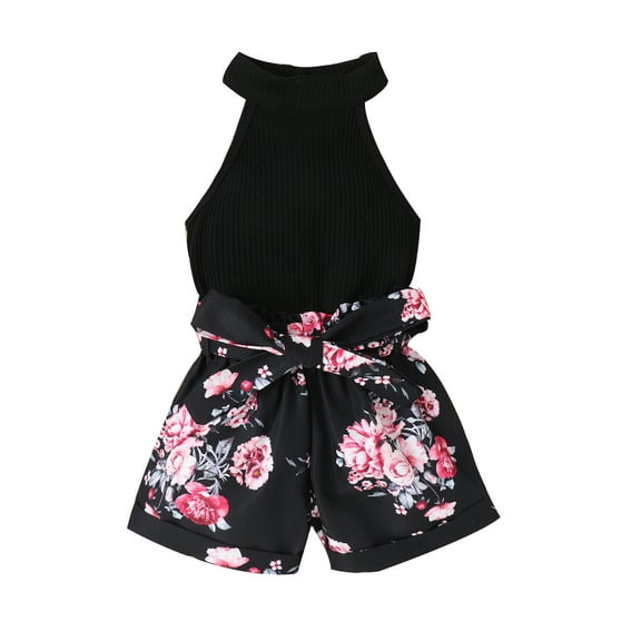 Bagilaanoe 2pcs Toddler Baby Girls Short Pants Set Ribbed Sleeveless Tank  Tops + Floral Shorts with Belt 6M 12M 18M 24M 3T 4T Kids Casual Summer Outfits