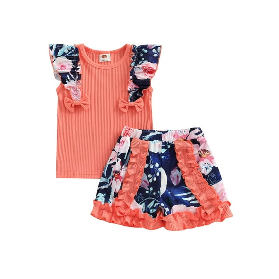 Bagilaanoe 2pcs Toddler Baby Girls Short Pants Set Short Sleeve T-Shirt Tops + Floral Shorts 1T 2T 3T 4T 5T 6T Kids Casual Summer Outfits