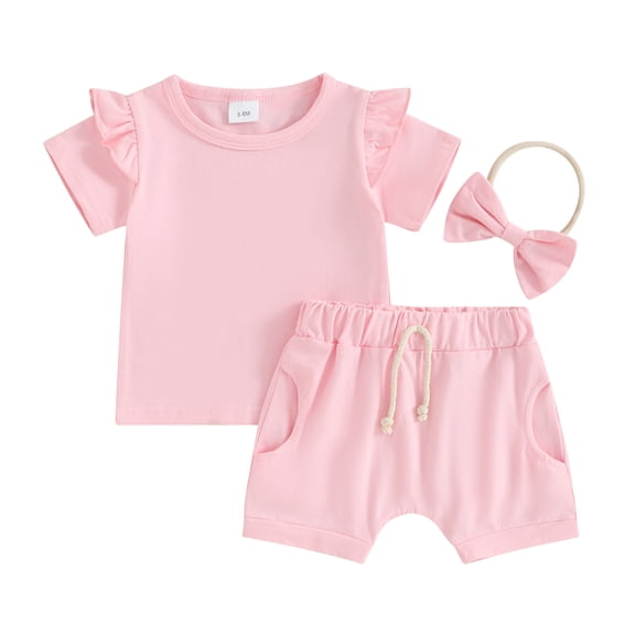 Bagilaanoe 2pcs Toddler Baby Girls Shorts Set Short Sleeve Ruffle T Shirt Tops   Shorts   Headband 3M 6M 12M 18M 24M 3T Kids Casual Summer Clothes