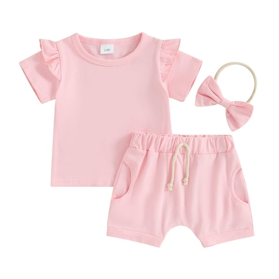Bagilaanoe 2pcs Toddler Baby Girls Shorts Set Short Sleeve Ruffle T Shirt Tops + Shorts + Headband 3M 6M 12M 18M 24M 3T Kids Casual Summer Clothes