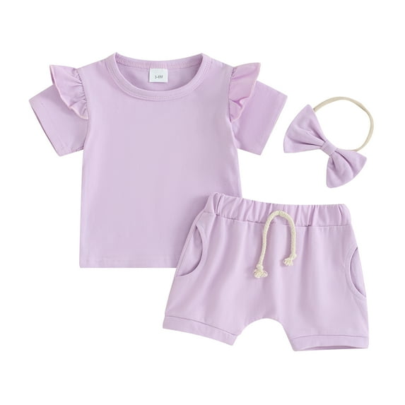 Bagilaanoe 2pcs Toddler Baby Girls Shorts Set Short Sleeve Ruffle T Shirt Tops + Shorts + Headband 3M 6M 12M 18M 24M 3T Kids Casual Summer Clothes