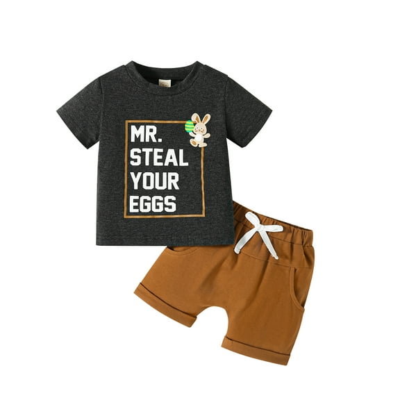 Bagilaanoe 2pcs Toddler Easter Outfits Baby Boy Shorts Set Short Sleeve Letter Print T Shirt Tops + Shorts 3M 6M 12M 18M 24M 3T Kids Casual Summer Clothes