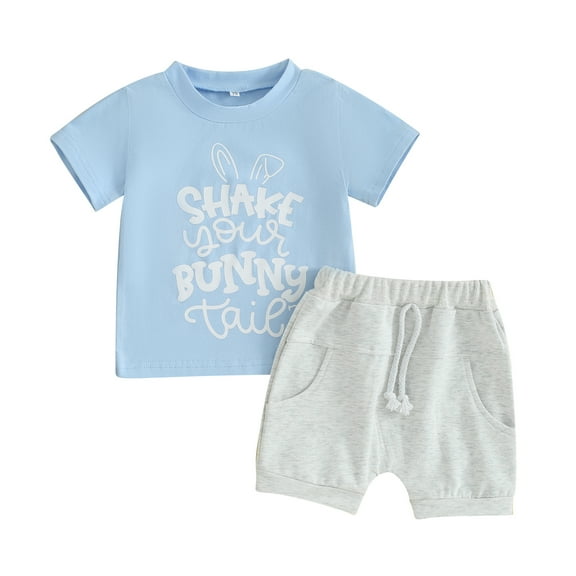 Bagilaanoe 2pcs Toddler Easter Outfits Baby Boy Shorts Set Short Sleeve Letter Print T Shirt Tops + Shorts 6M 12M 18M 24M 3T Kids Casual Summer Clothes