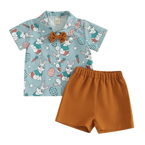Bagilaanoe 2pcs Toddler Easter Outfits Baby Boy Shorts Set Short Sleeve Print Shirt Tops + Shorts 6M 12M 18M 24M 3T 4T Kids Casual Summer Clothes