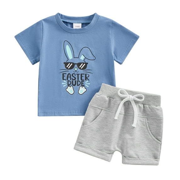 Bagilaanoe 2pcs Toddler Easter Outfits Baby Boy Shorts Set Short Sleeve Print T Shirt Tops + Shorts 3M 6M 12M 18M 24M 3T Kids Casual Summer Clothes