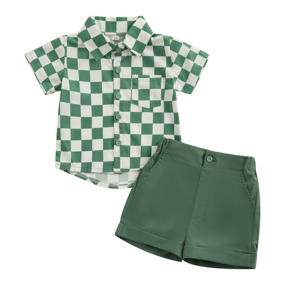 Bagilaanoe 2pcs Toddler Gentleman Outfits Baby Boy Shorts Set Short Sleeve Checkerboard Print Shirt Tops + Shorts 6M 12M 18M 24M 3T 4T Kids Formal Summer Clothes